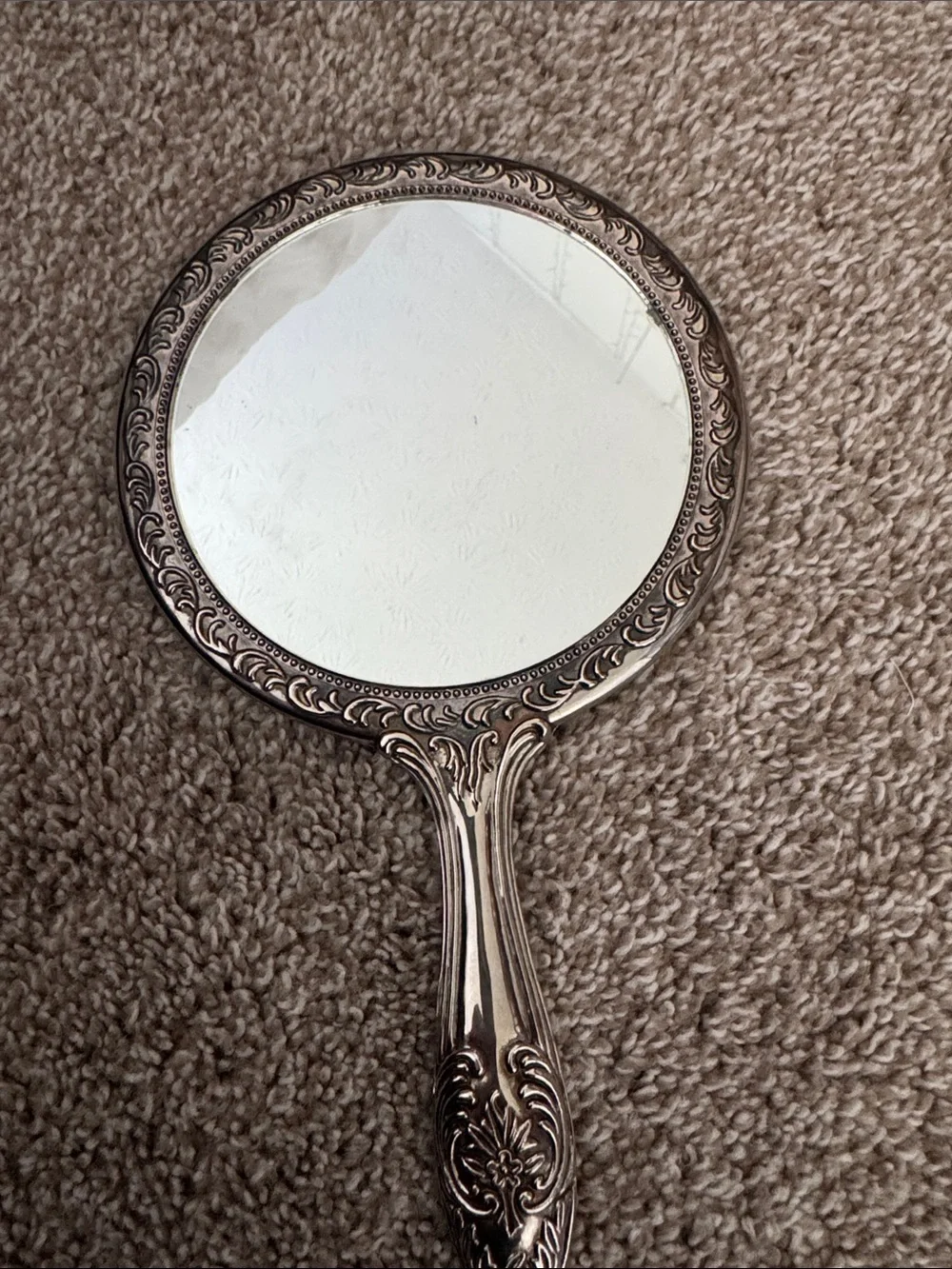 Ornate Silver Hand Mirror and Brush Set - Ivory Bristles